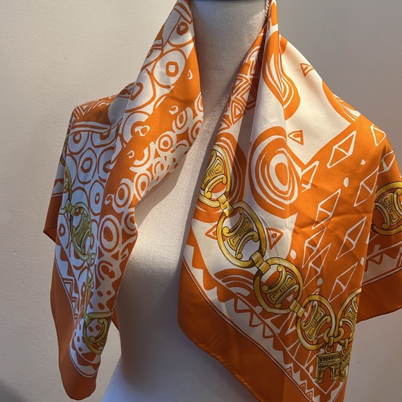 Celine Elegant Orange Silk Scarf  34”x34” - Picture 6 of 11